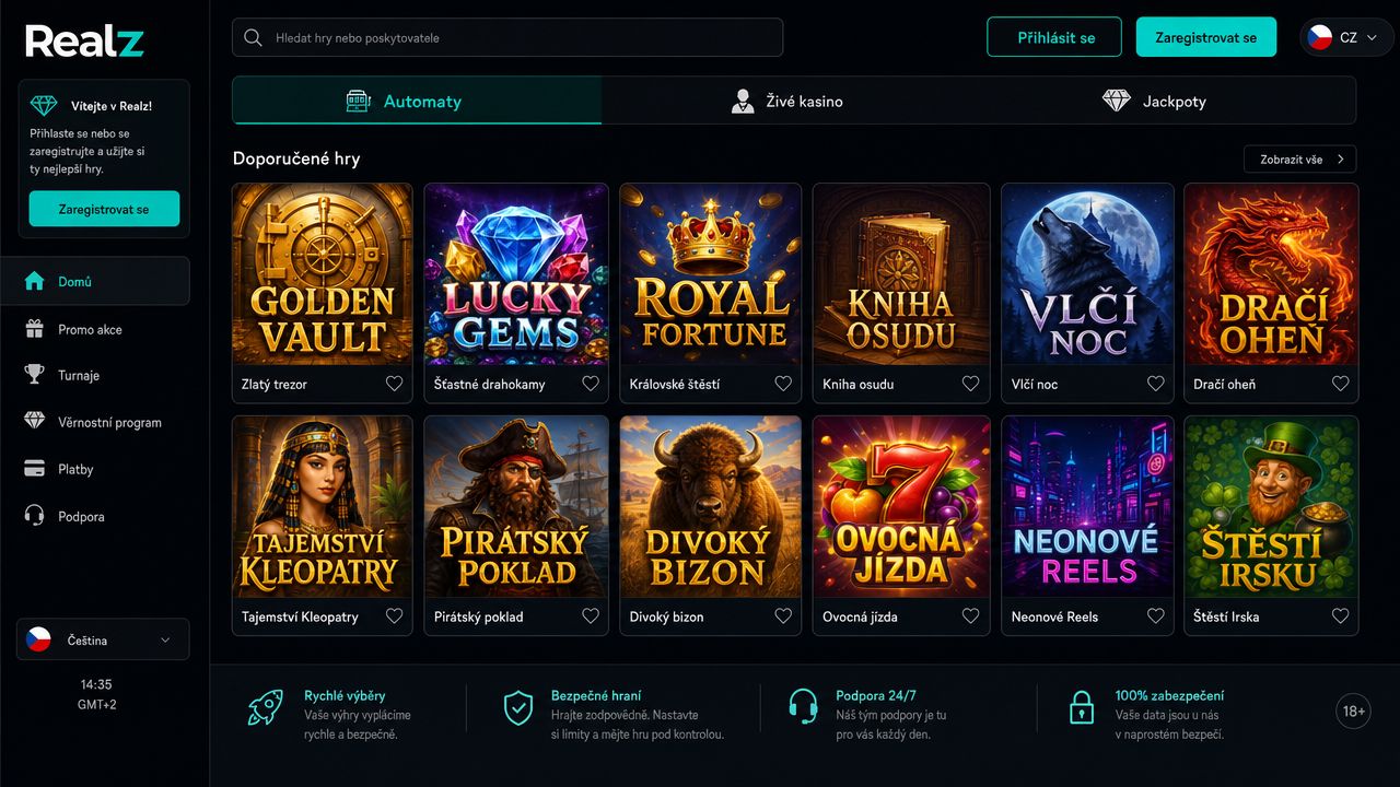 Snímek obrazovky s domovskou stránkou online kasina Realz