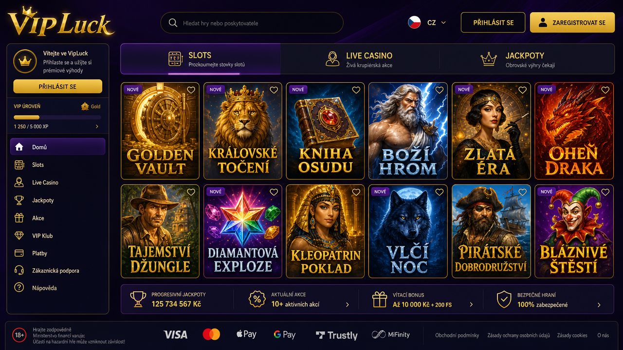 Snímek obrazovky domovské stránky online casina VIPLuck